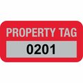Lustre-Cal Property ID Label PROPERTY TAG5 Alum Dark Red 1.50in x 0.75in  Serialized 0201-0300, 100PK 253769Ma1Rd0201